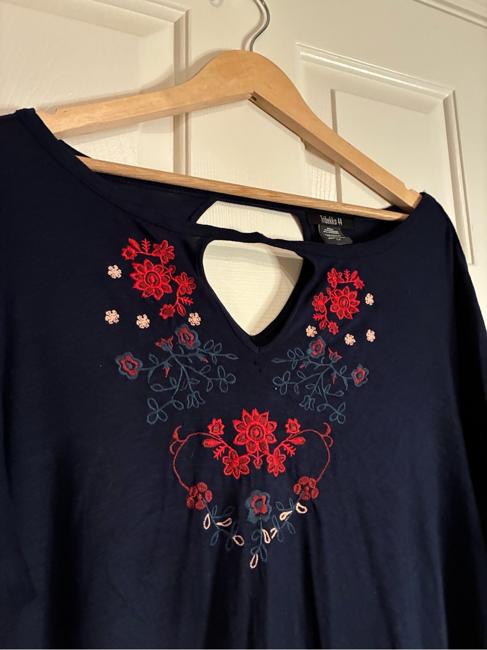 Navy Embroidered V-Neck Keyhole Blouse